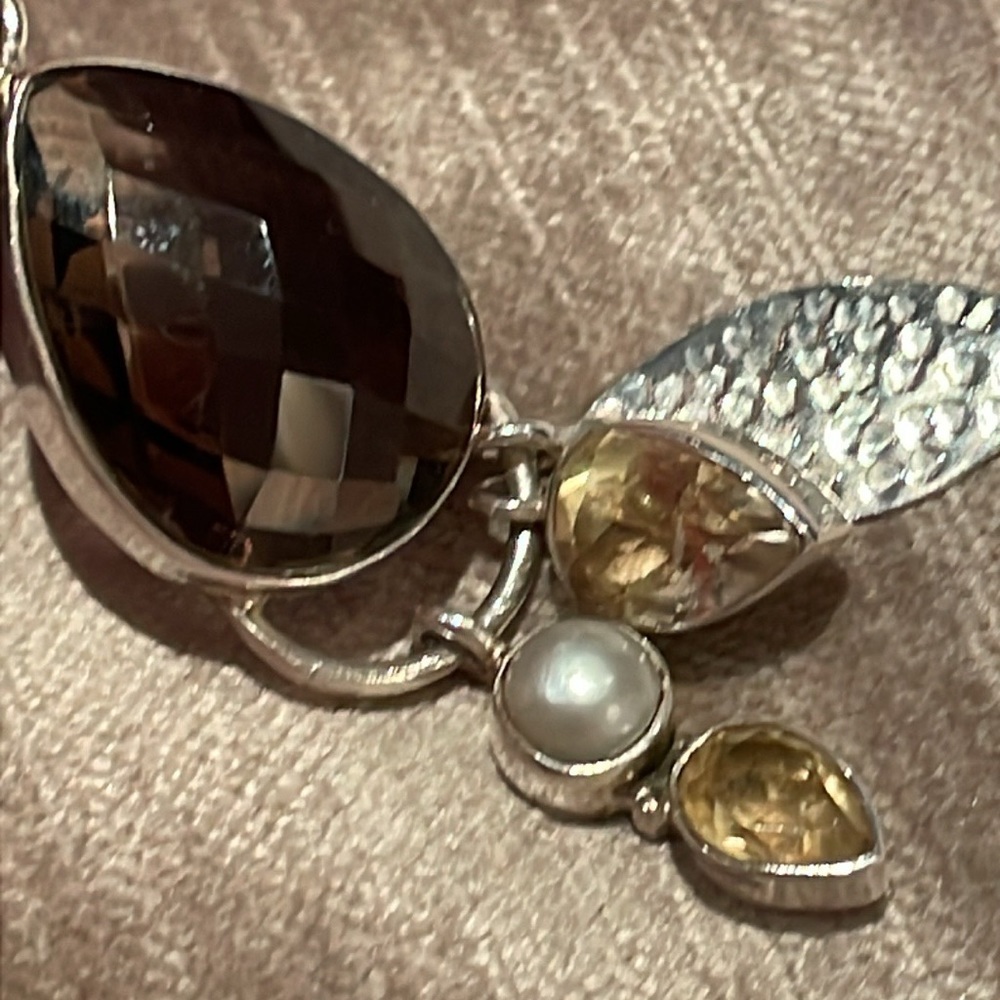 Smokey Quartz Pendant Citrine & Fresh Water Pearl Charms Sterling Silver 925 - Picture 2 of 7